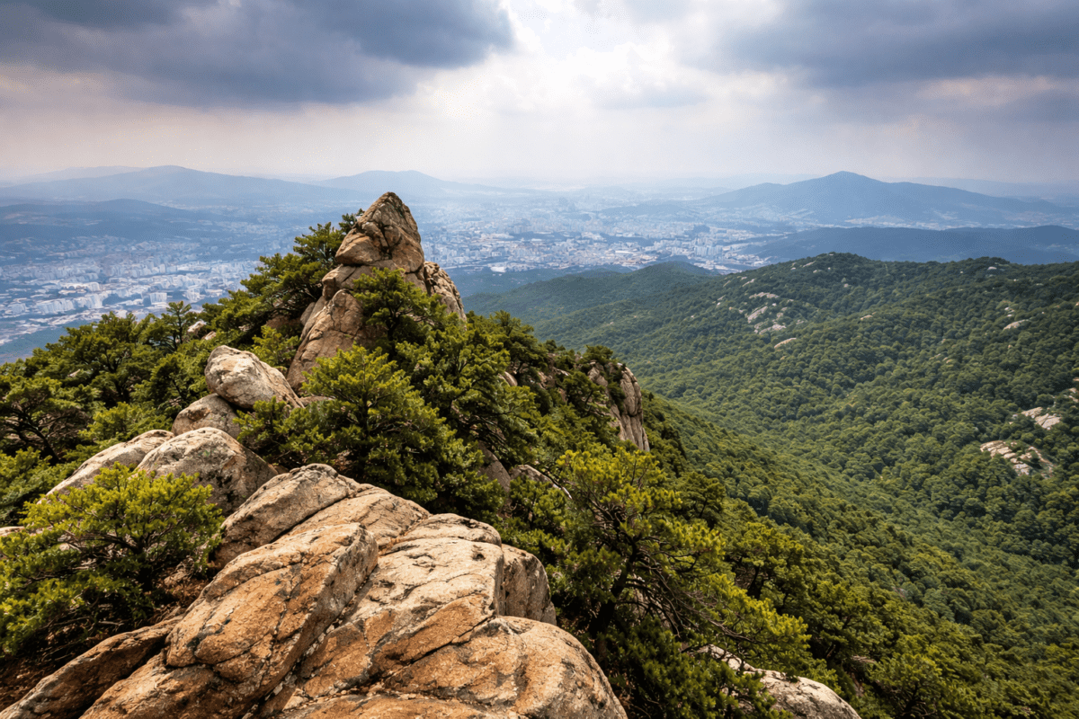 Seoul mountains five elements — Gwanaksan rocky ridge overlooking Seoul city basin