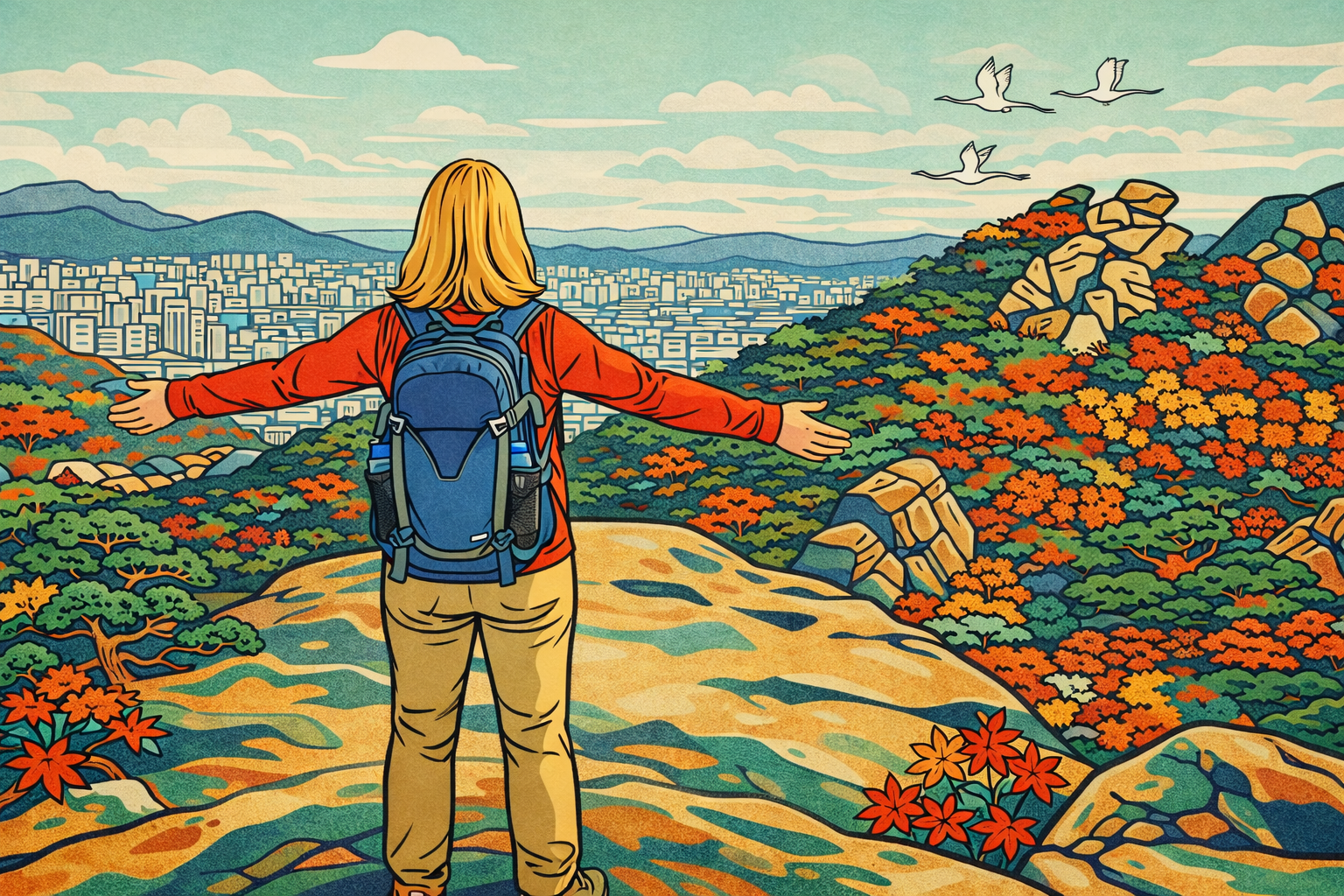 Seoul mountains five elements — hiker on Bukhansan summit Korean minhwa style