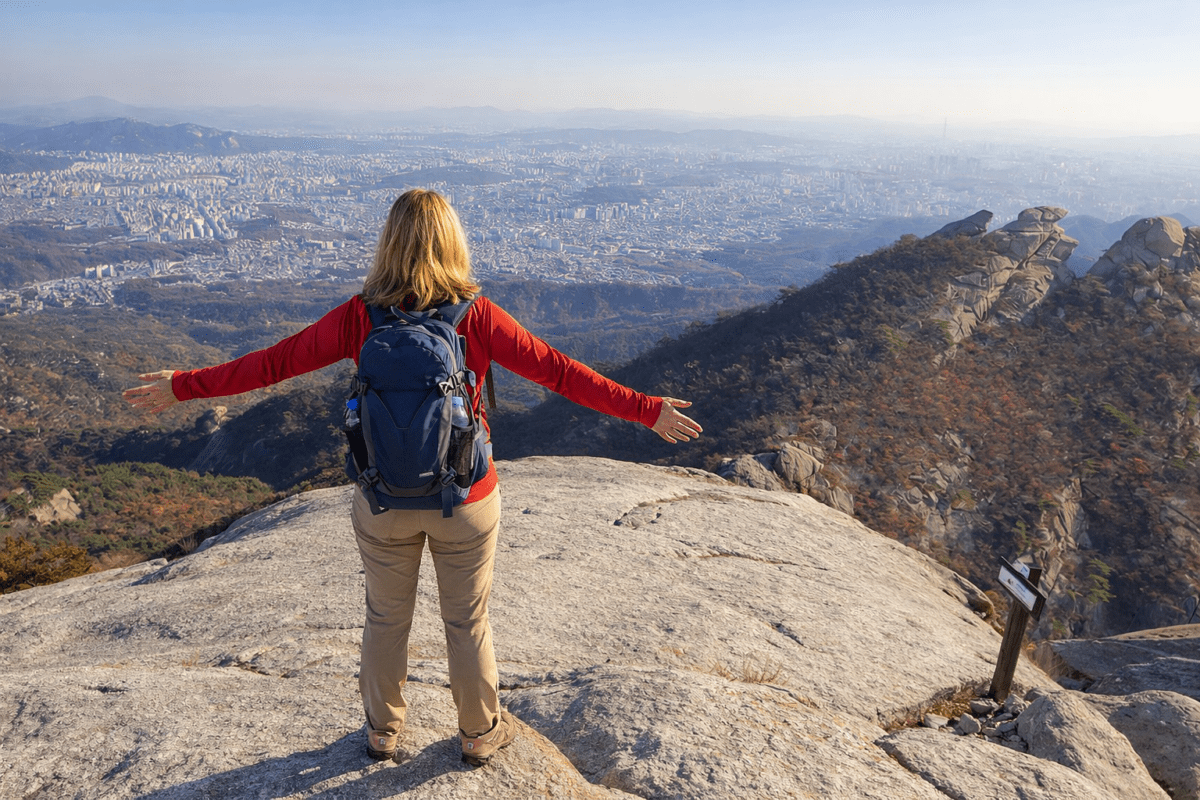 Seoul mountains five elements — hiker standing on Bukhansan summit with arms open over Seoul city basin