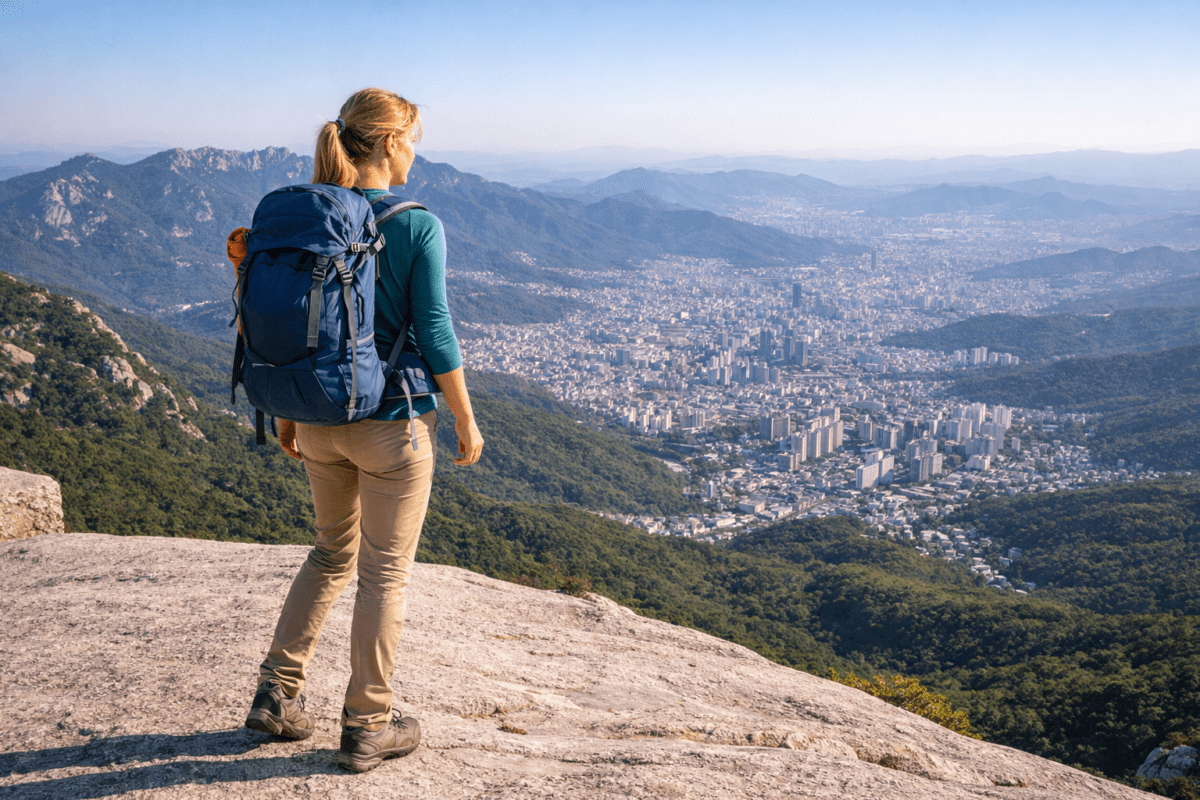 foreign hiker standing on Bukhansan summit looking over Seoul city — hiking in Seoul