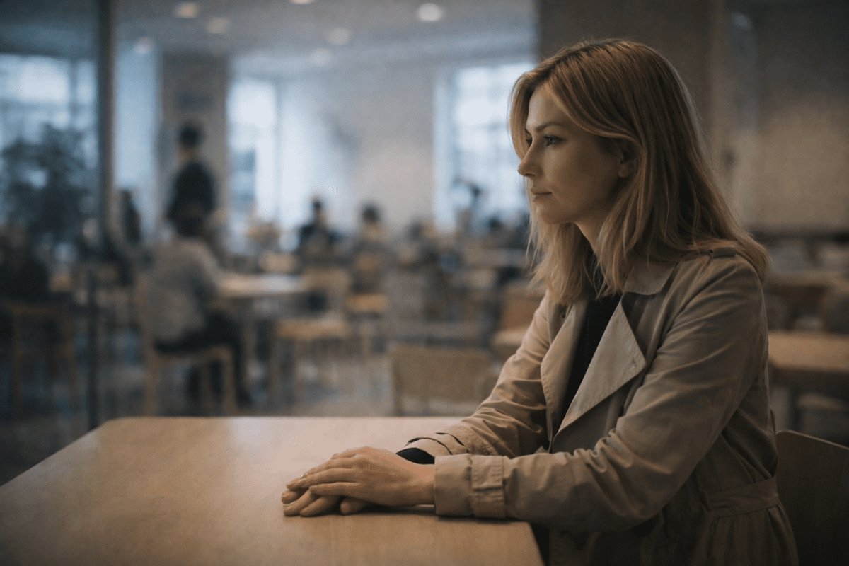 social withdrawal signs — woman sitting alone at a table in a crowded café, looking away