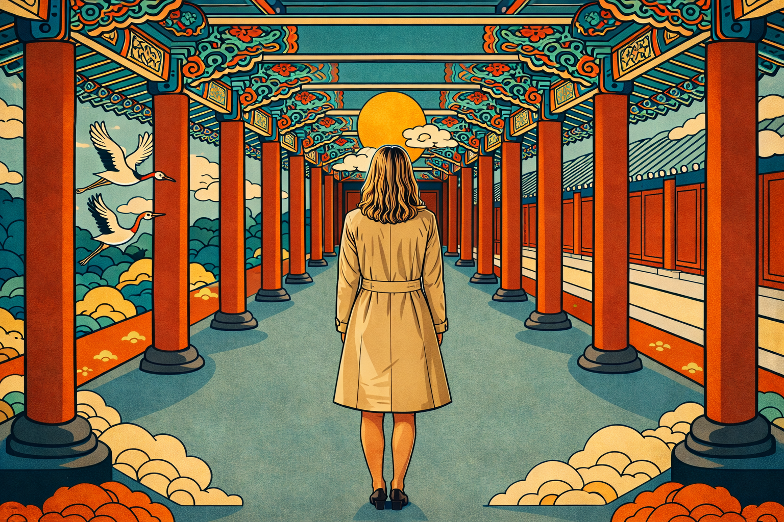 social withdrawal signs — Korean minhwa style woman walking alone through palace corridor, cranes, sun