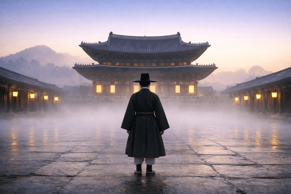 A figure in hanbok stands before a misty palace at dawn — solar return timing reads the year ahead