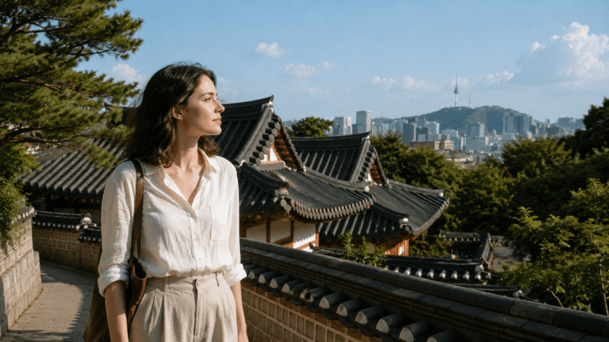 solar return timing — Western woman standing at Seoul hanok village overlooking city skyline, two systems one year