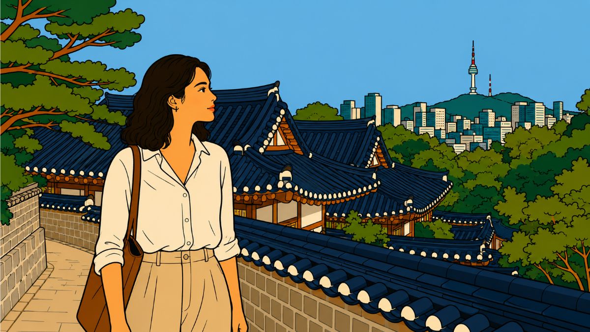 solar return timing — Western woman at Seoul hanok village, Namsan Tower skyline, modern minhwa style thumbnail