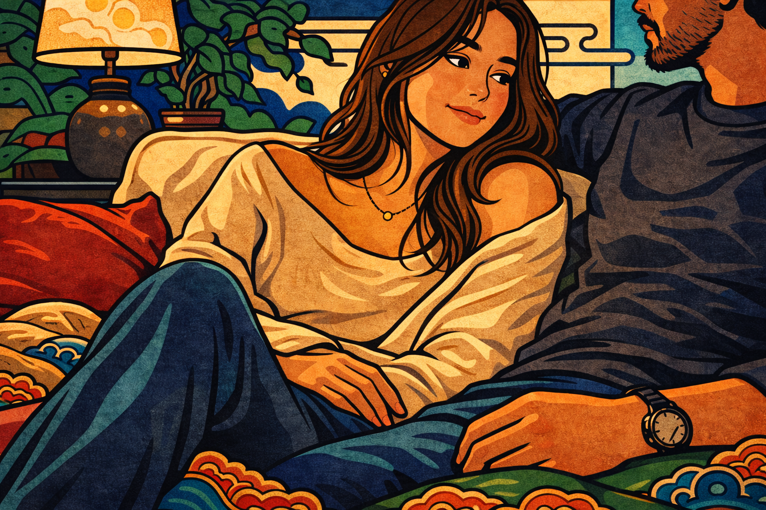 Minhwa style woman on couch with someone, warm evening light — what happens when you stop pulling away