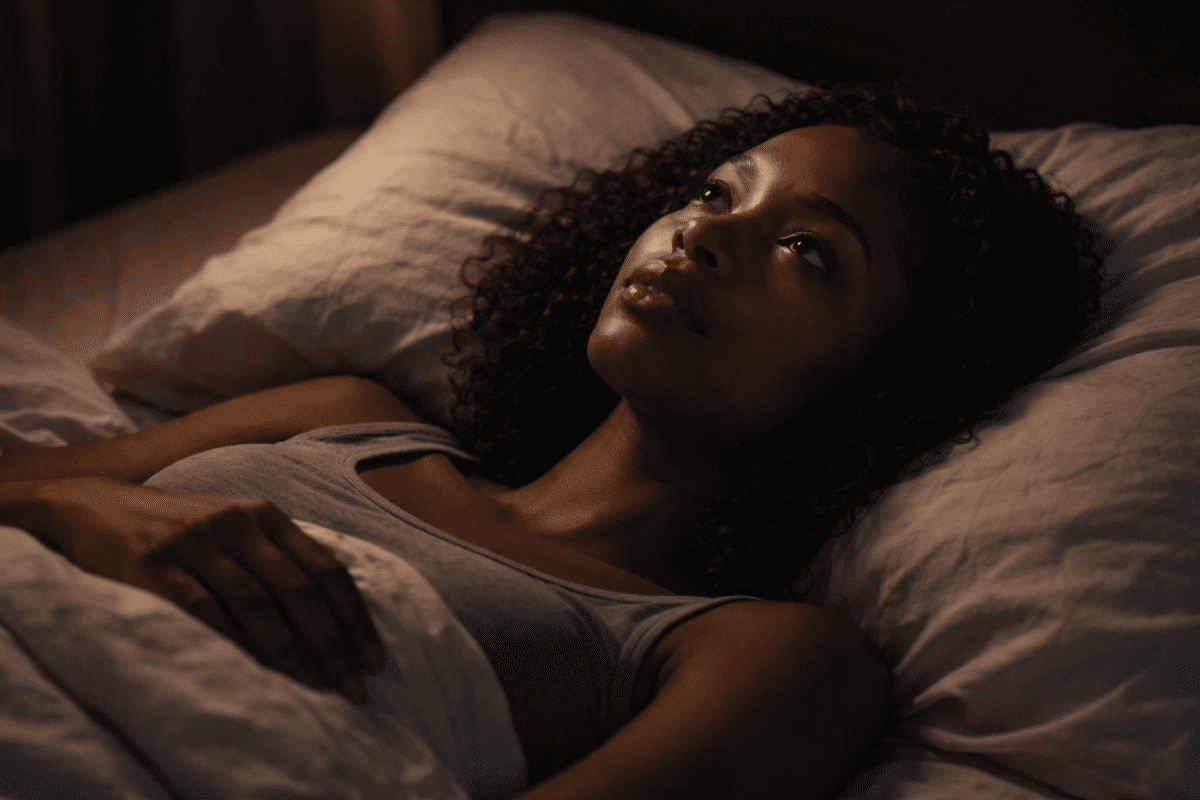 Woman lying awake in bed at night, eyes open, stop stop fighting your inner critic, quiet and still