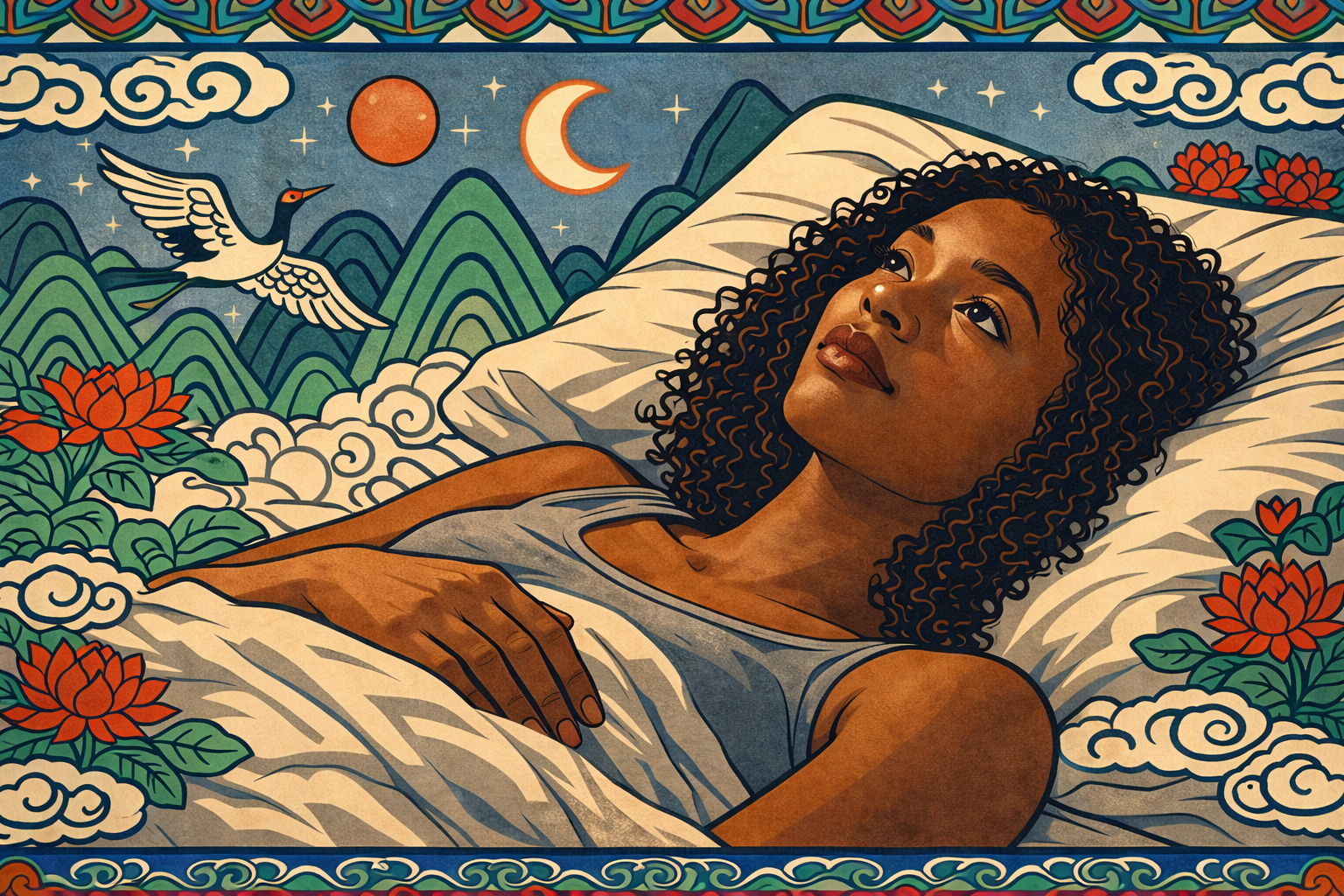 Korean minhwa illustration of woman lying awake in bed at night, stop fighting your inner critic, traditional Korean patterns in background