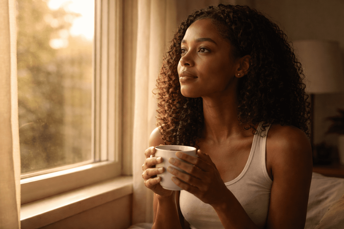 stop fighting your inner critic — woman with coffee by window, quiet morning after the argument ends