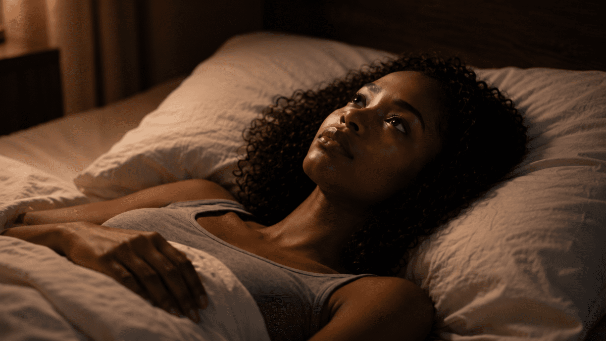 stop fighting your inner critic — woman lying awake in bed at night, eyes open, still in the argument