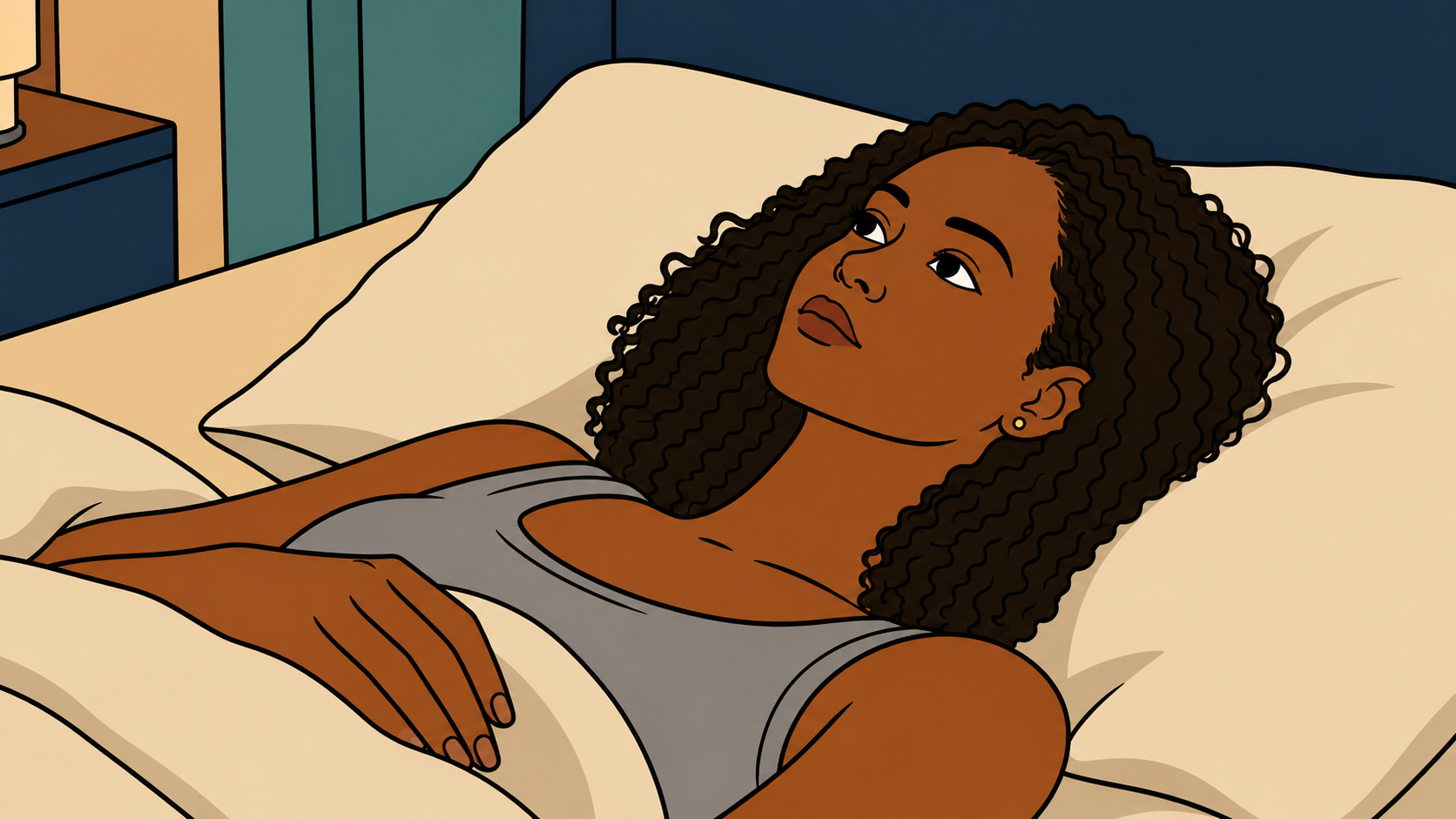 stop fighting your inner critic — illustrated woman lying awake in bed at night, thumbnail