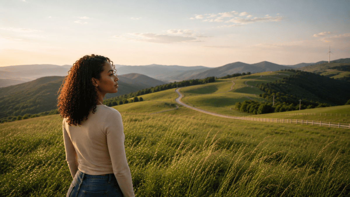stop fighting your inner critic — woman standing in open field at sunset, looking out at the path ahead