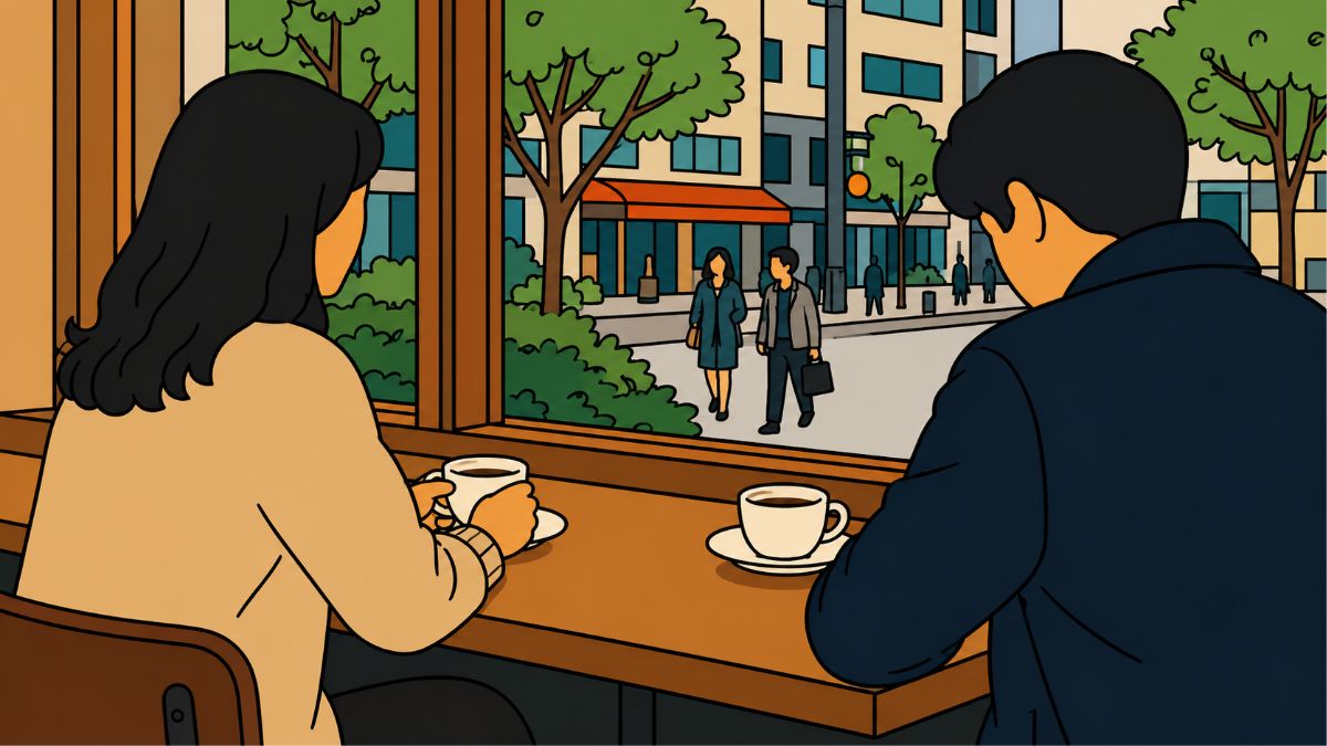 synastry compatibility — couple at café window Seoul street, modern minhwa style thumbnail
