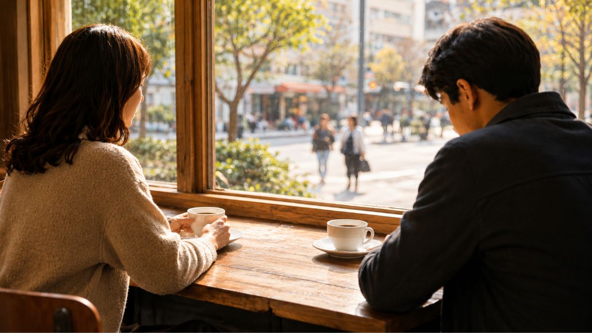 synastry compatibility — couple at Seoul café window, two people different timing same connection