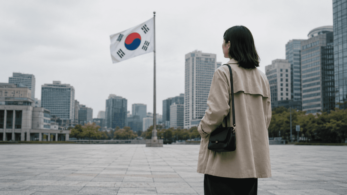 Woman in a trench coat viewing the Taegeukgi flag against the Seoul skyline, anchoring the deeper Taegeukgi meaning explored here.