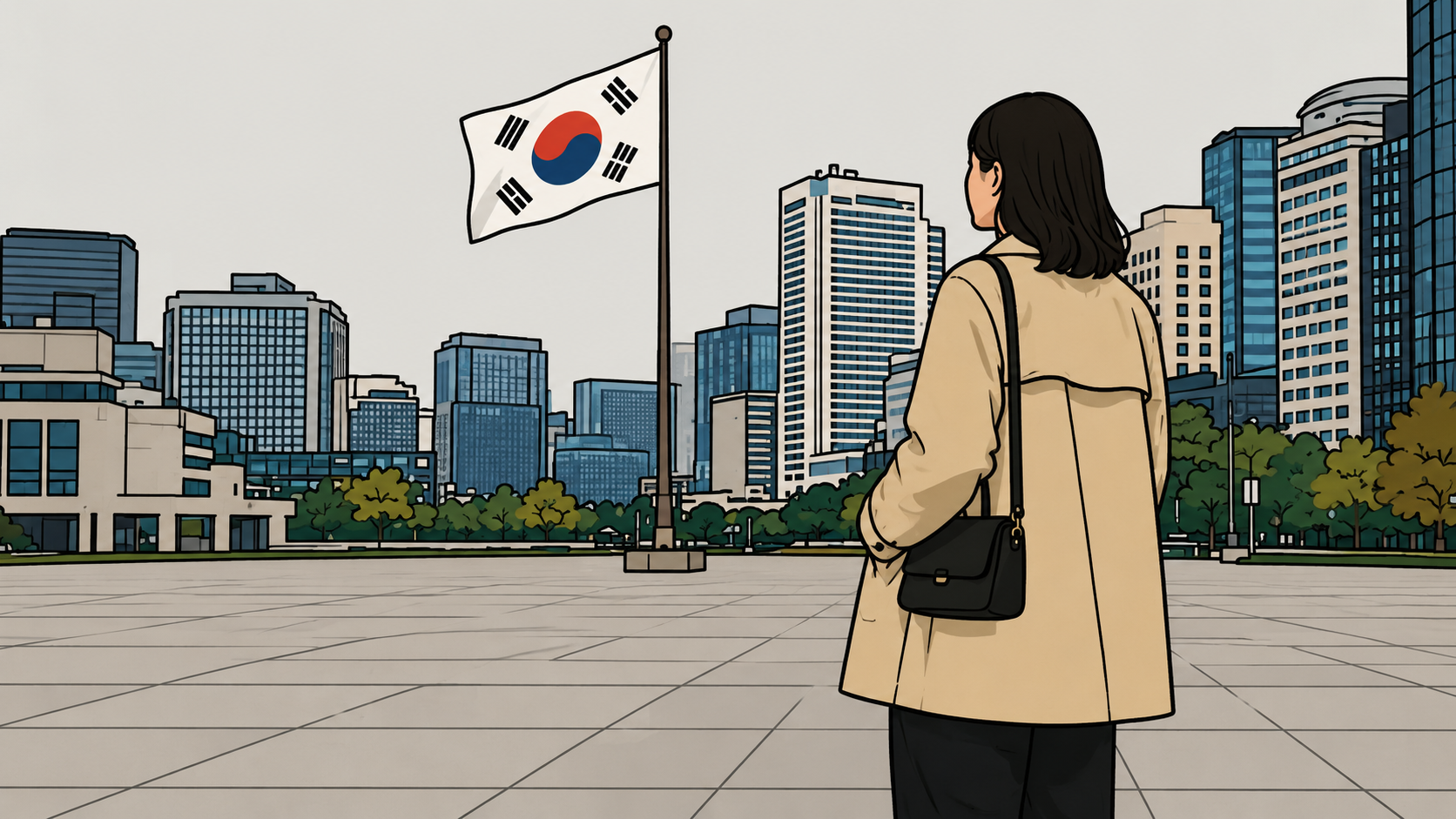 Illustrated version of a woman viewing the Taegeukgi flag against the Seoul skyline, representing the Taegeukgi meaning in K-Saju.