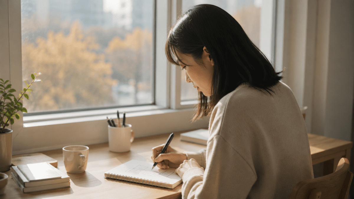 Woman writing in a diary by a sunlit window in autumn, sketching the four seasons in Taegeukgi meaning.