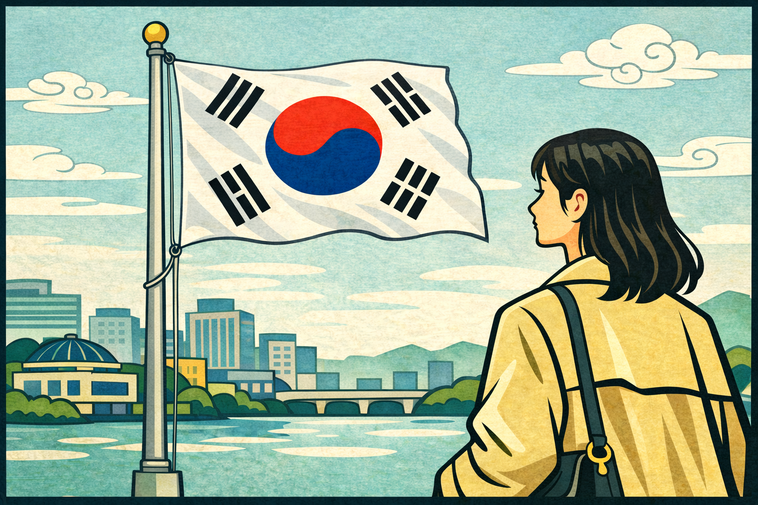 Woman in a plaza observing the Korean flag to understand Taegeukgi Meaning.