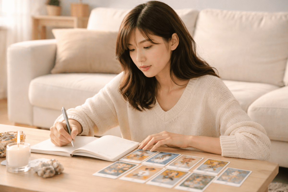 Tarot intuition vs data — Korean woman reading tarot cards and taking notes