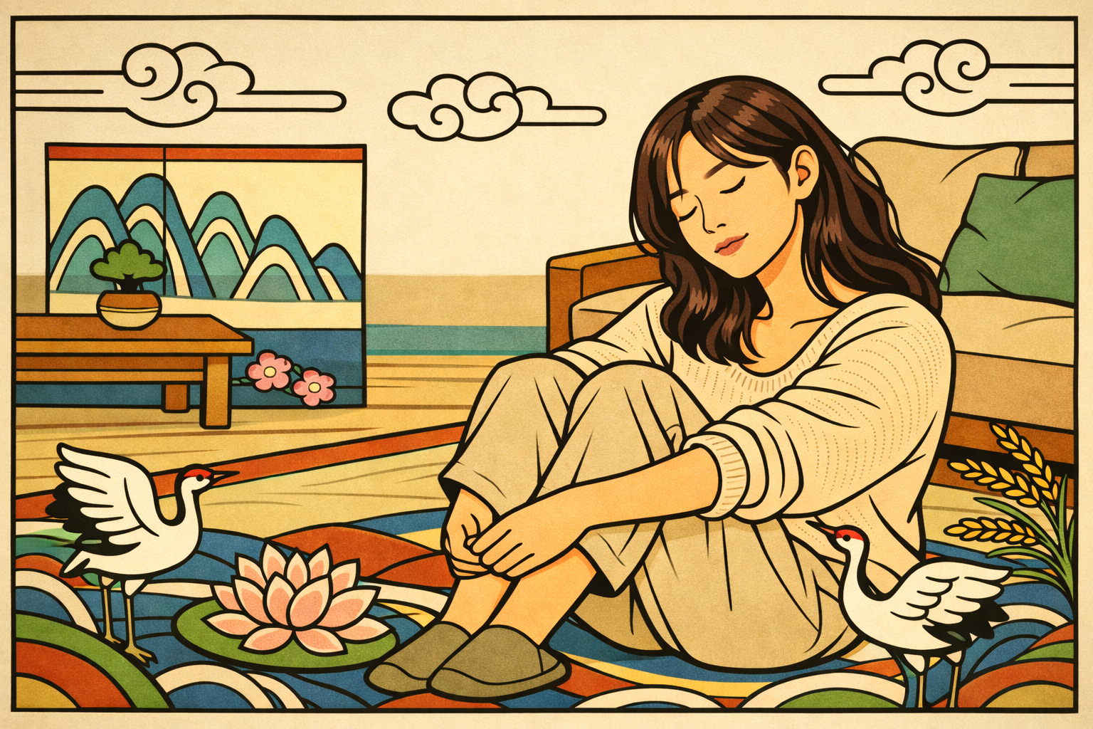 Tarot intuition vs data — Korean minhwa illustration woman leaning against sofa