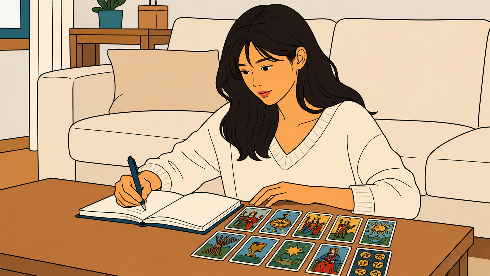 Tarot Intuition vs Data illustration of a woman journaling beside a tarot spread in her living room
