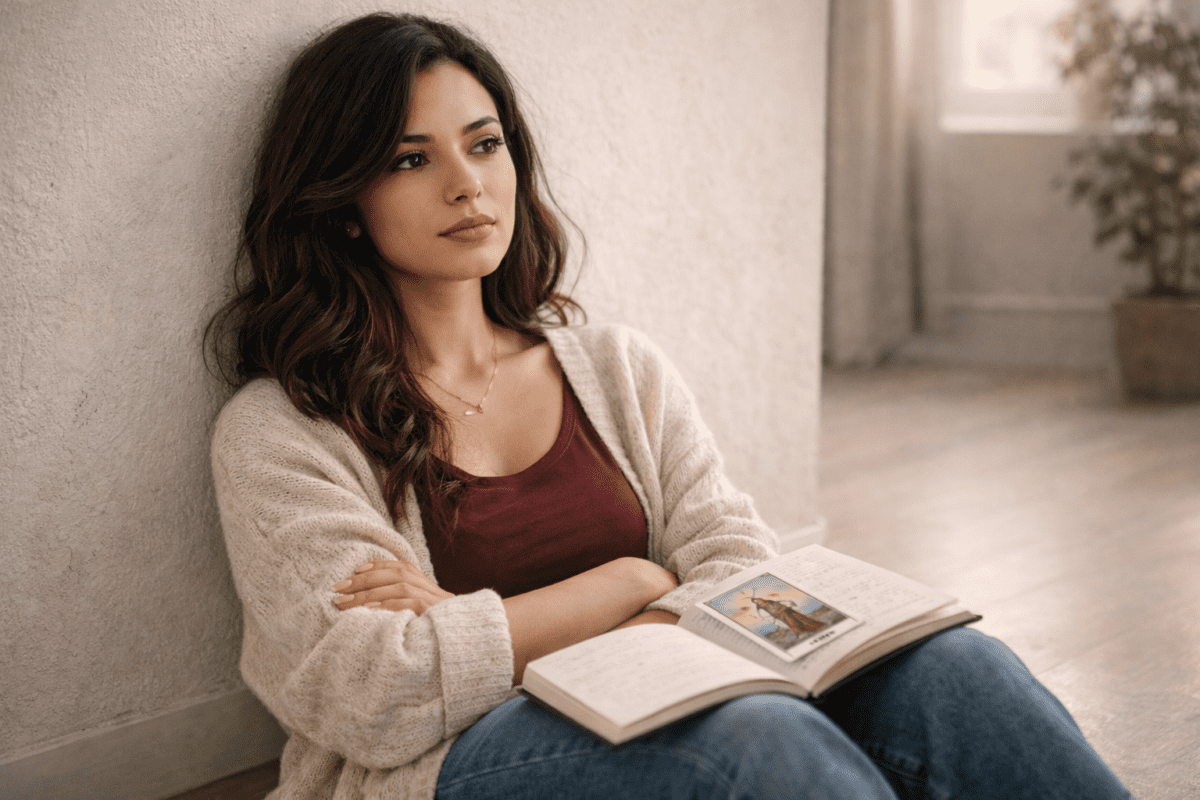 Tarot vs K-Saju — Middle Eastern woman sitting against wall with tarot card and notebook