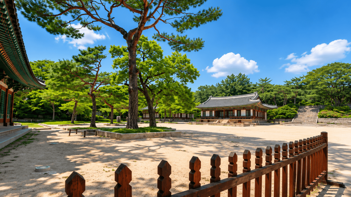 Tarot Reading vs K-Saju depicting long-term life cycles through a traditional Korean palace courtyard, reflecting the passage of time and seasonal change.