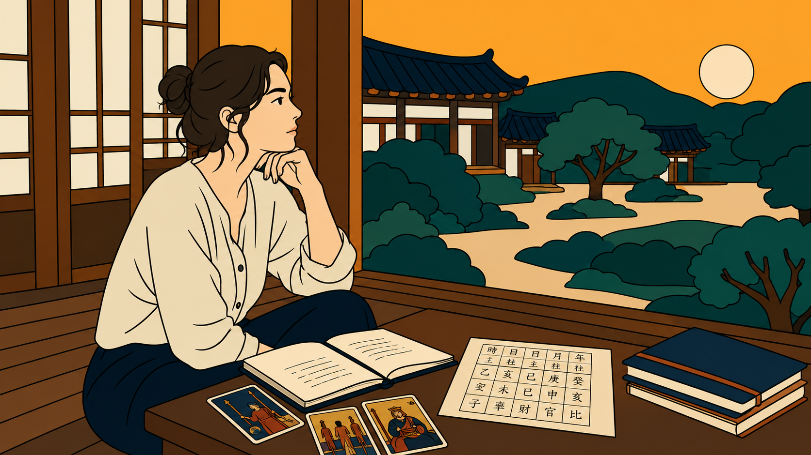 Tarot Reading vs K-Saju illustration featuring a woman studying tarot cards and a K-Saju chart in a traditional Korean setting.