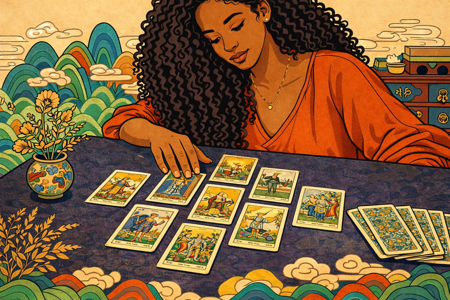 Tarot spread timing vs K-Saju — Korean minhwa illustration woman reading tarot