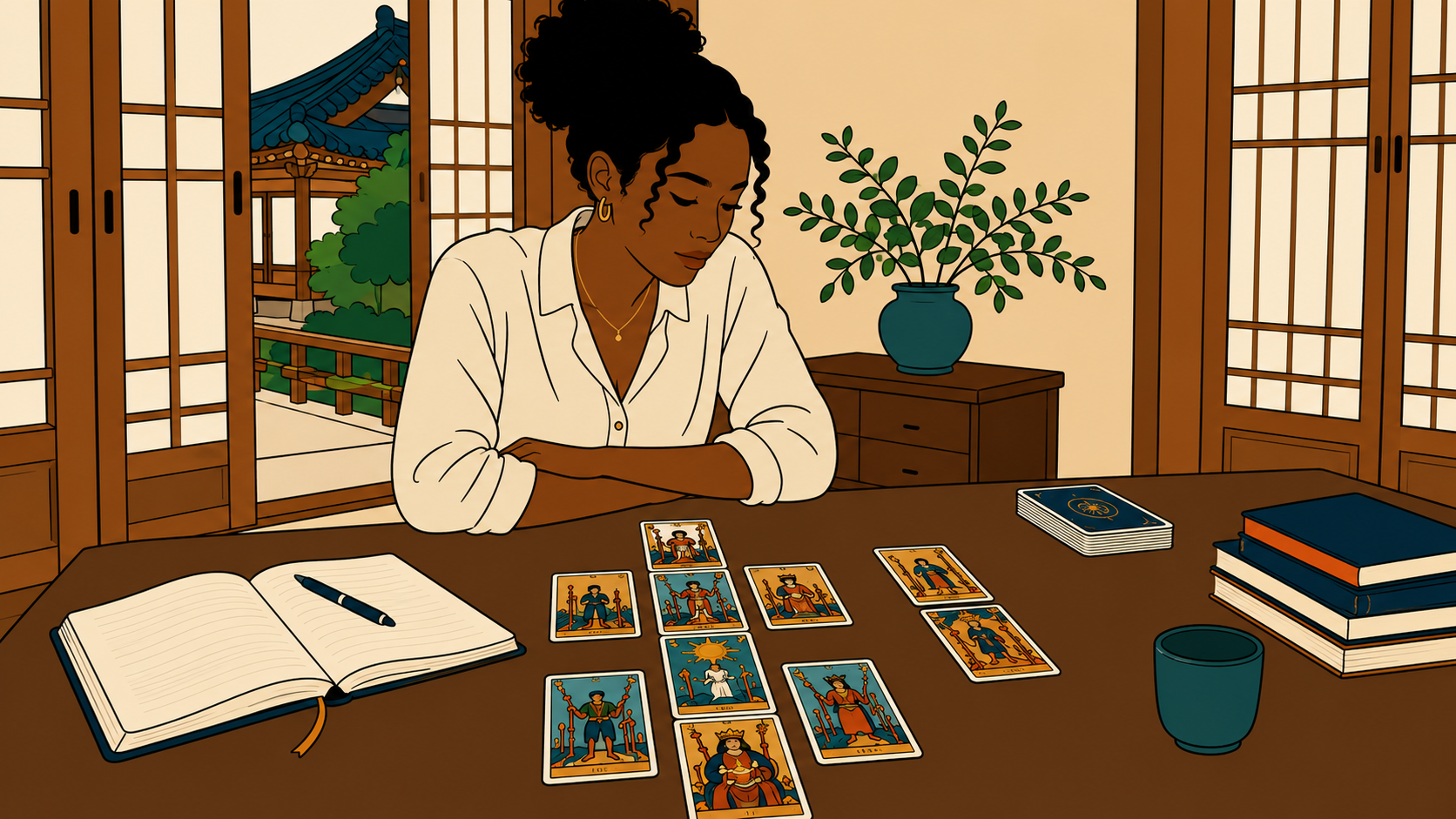 Tarot Spread Timing vs K-Saju illustration of a woman reading a Celtic Cross spread, Korean pavilion visible through the window.