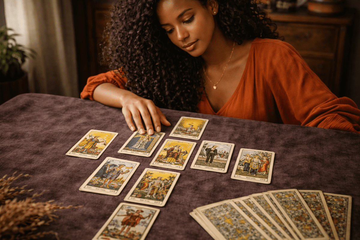 Tarot spread timing — woman reading Celtic Cross tarot spread