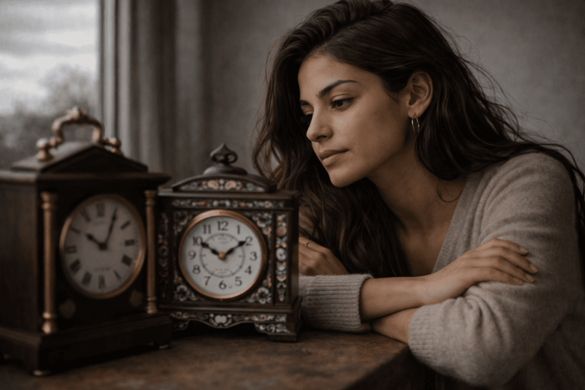 Tarot timing reading — woman looking at two clocks K-Saju cycle