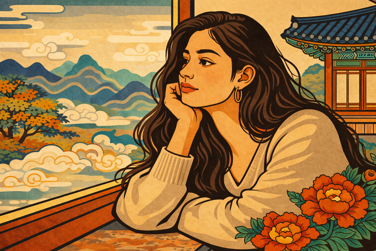 Tarot timing reading vs K-Saju — Korean minhwa illustration woman at window