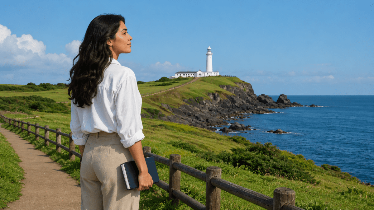 Tarot Timing Reading vs K-Saju showing a woman walking toward a lighthouse at Seopjikoji, Jeju, reflecting timing and alignment.