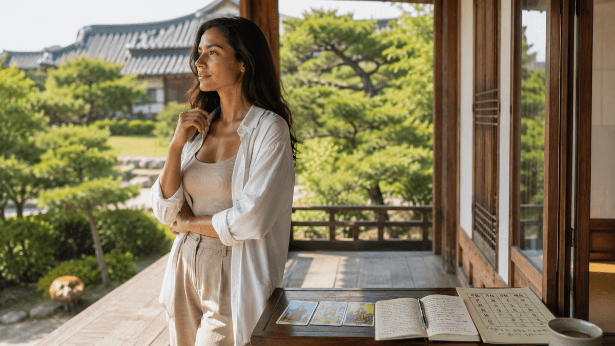 Tarot Timing Reading vs K-Saju showing a woman reflecting on a hanok porch, tarot cards and a Saju chart laid out together.