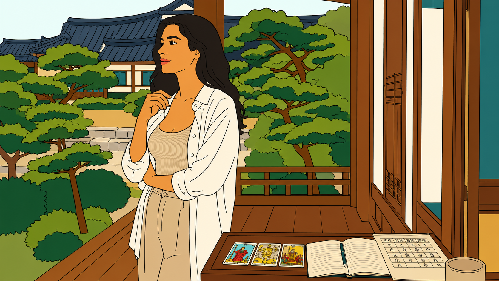 Tarot Timing Reading vs K-Saju illustration of a woman on a hanok porch with tarot cards and a Saju chart nearby.