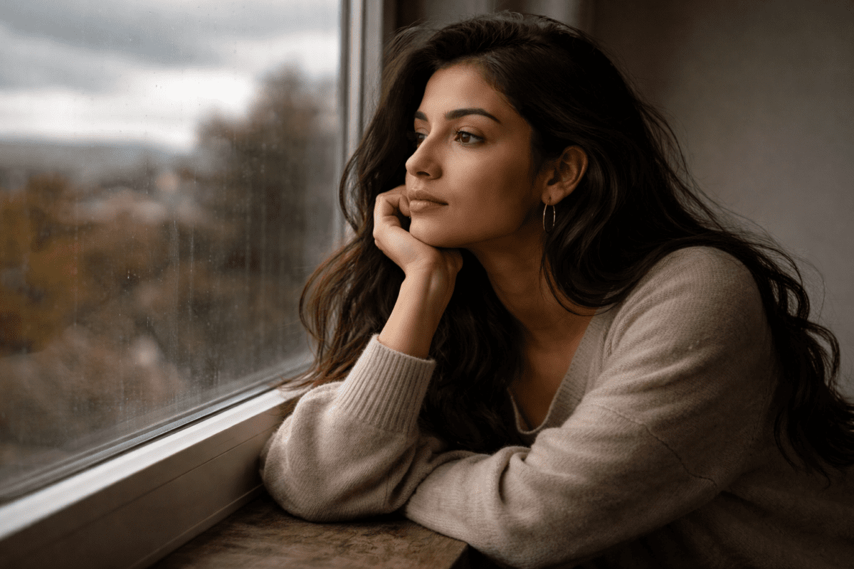 Tarot timing reading — woman looking out window thinking