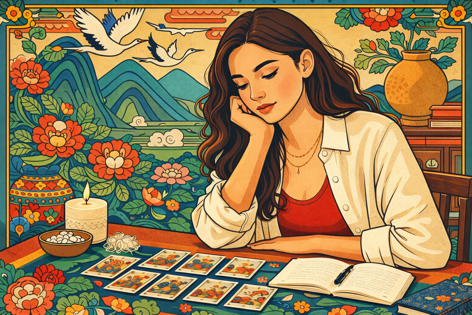 Tarot vs K-Saju — Korean minhwa painting beside a tarot card and notebook