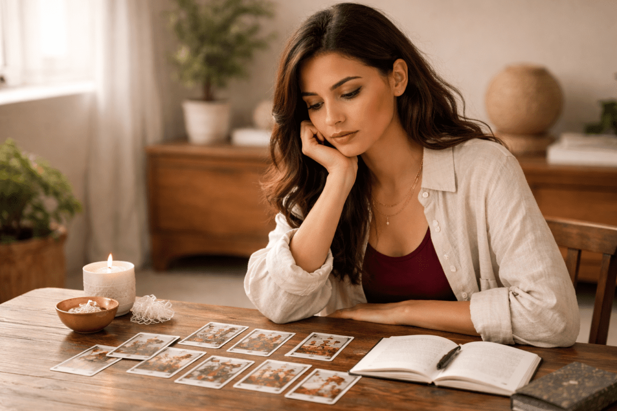 Tarot vs K-Saju — Middle Eastern woman reading tarot cards with notebook