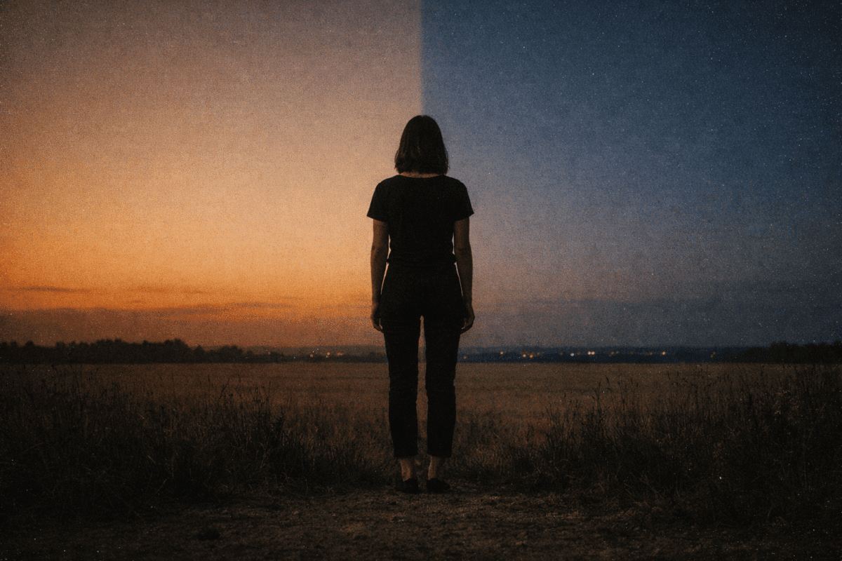 Woman standing between sunset and night sky — yin yang korean astrology phase reading