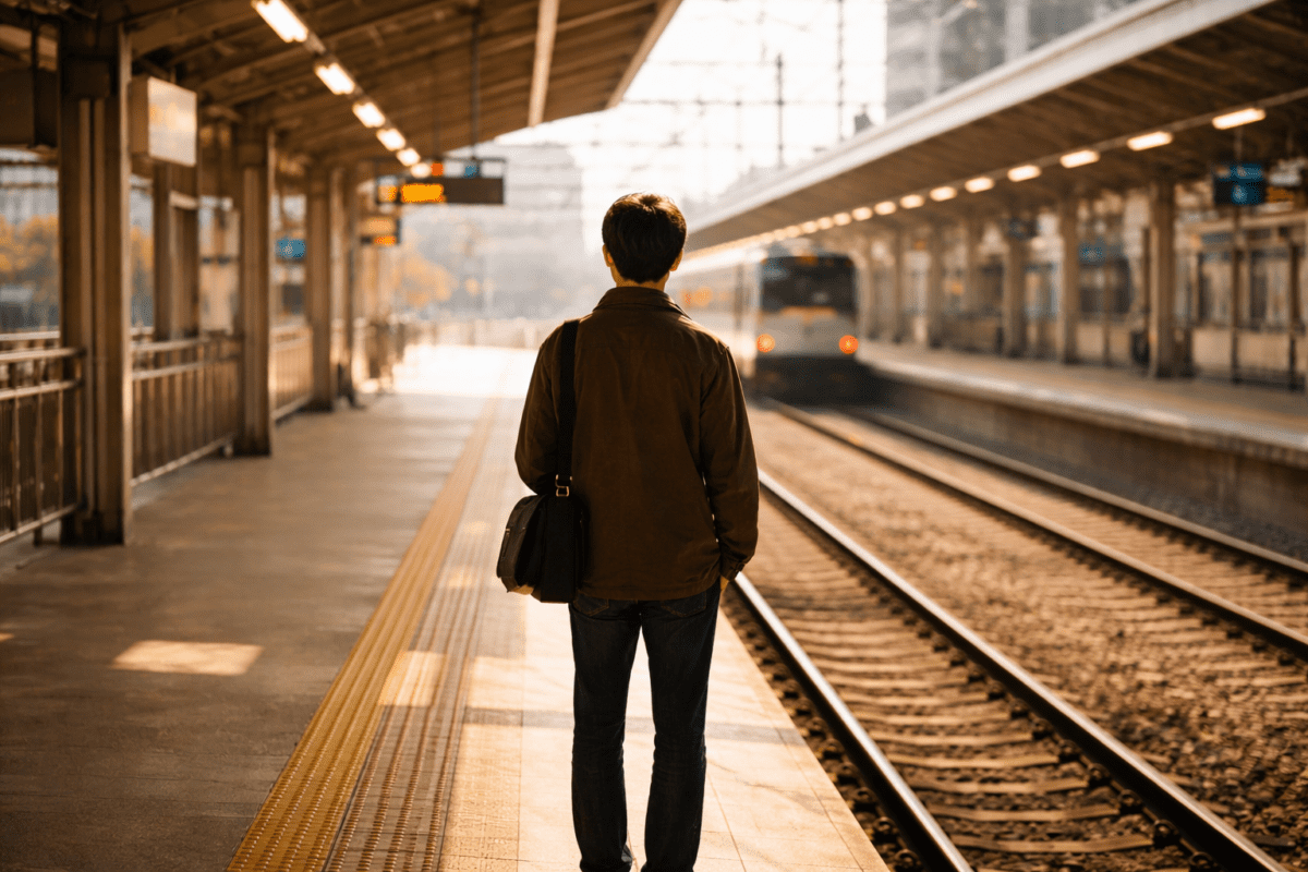 A man standing on a train platform waiting, two tracks visible ahead — astrology transit timing