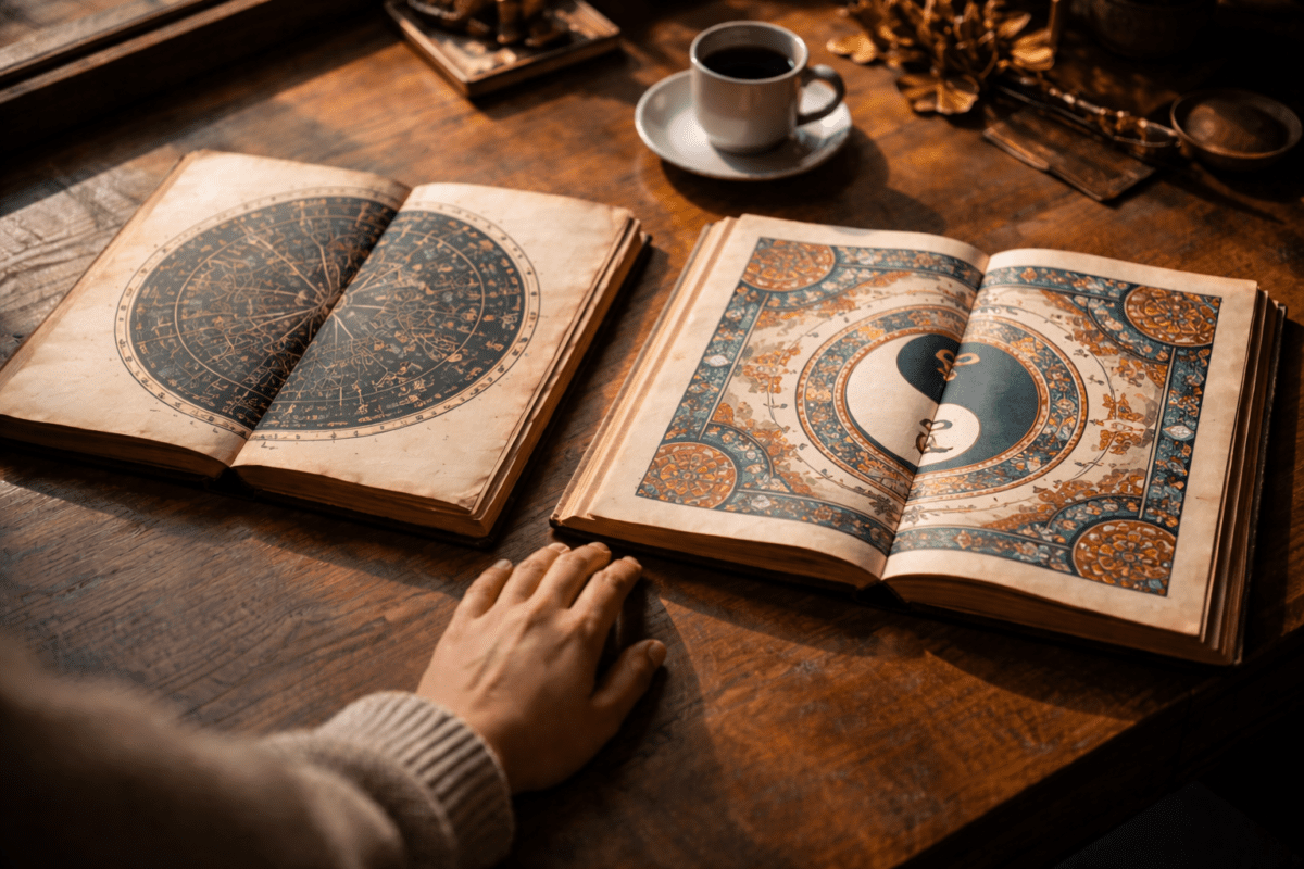 Western astrology natal chart and K-Saju book open side by side — western astrology vs K-Saju