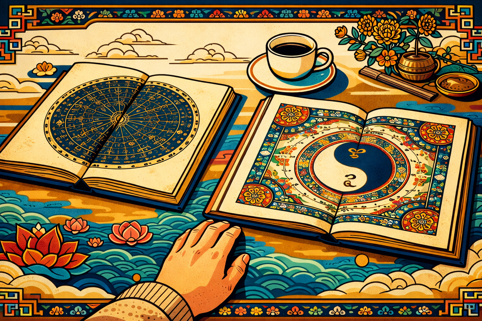 Western astrology natal chart and K-Saju book open side by side — western astrology vs K-Saju