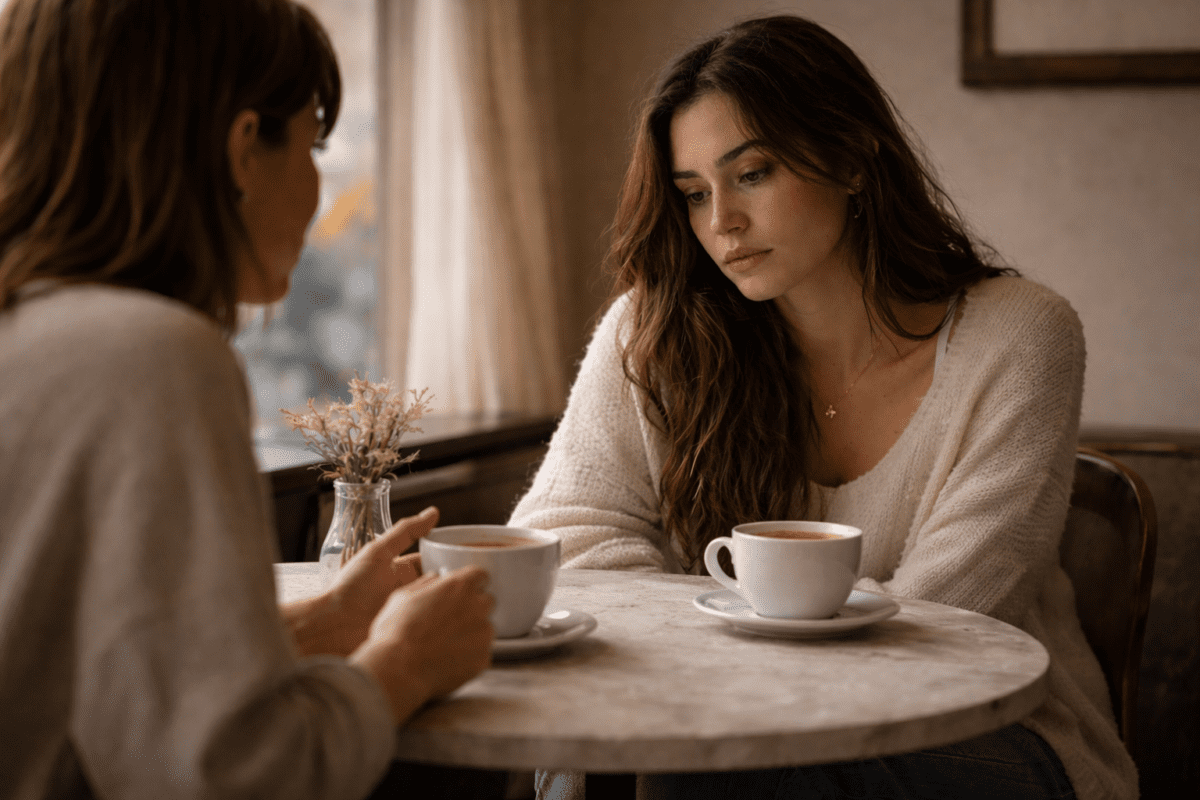 Two women at café table, one looking down in silence — fear of getting close to someone