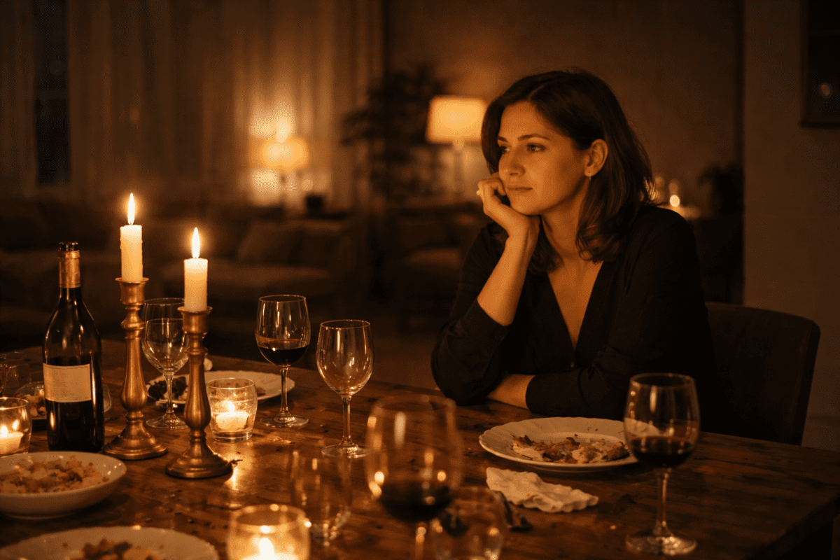 Woman sitting alone at dinner table after guests leave — the version of yourself you hide surfaces in the quiet