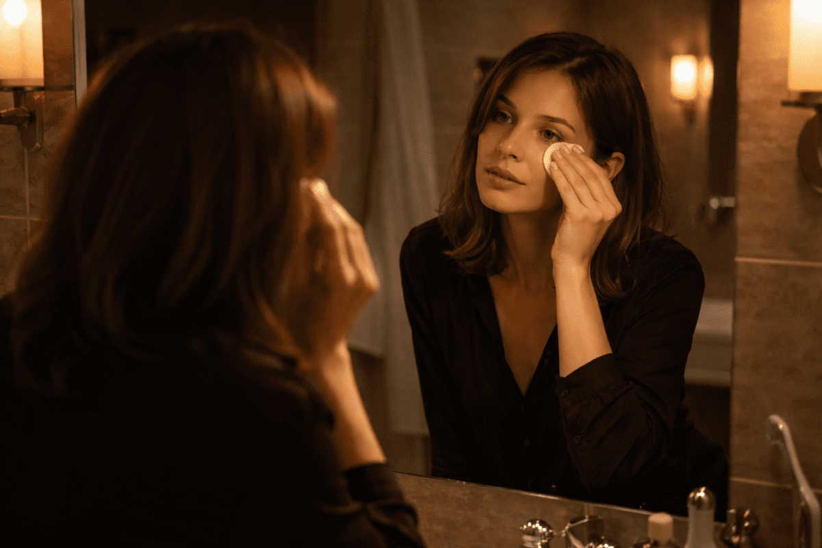 Woman removing makeup in mirror late at night — the version of yourself you hide finally visible