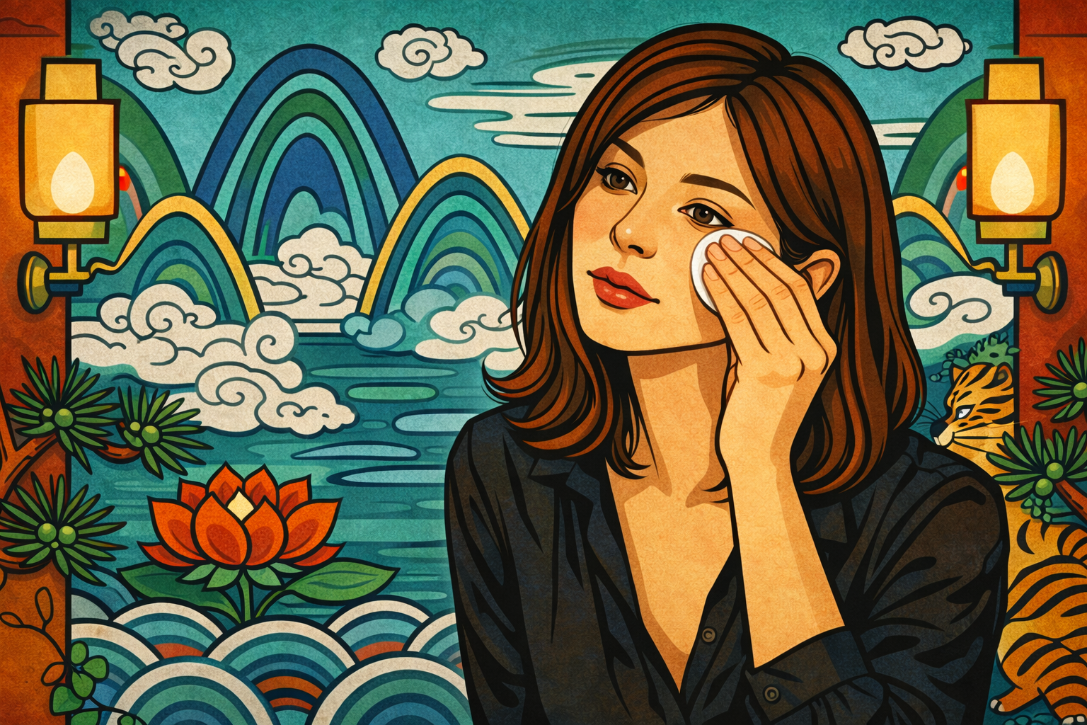 Korean minhwa illustration of woman removing makeup in mirror — the version of yourself you hide, traditional Korean patterns in background