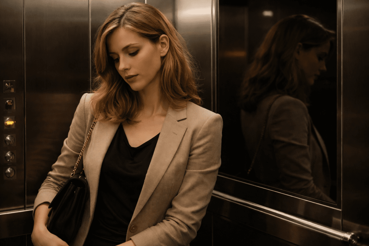 Woman alone in elevator at night, fear of being seen after a successful event, quiet and uncertain