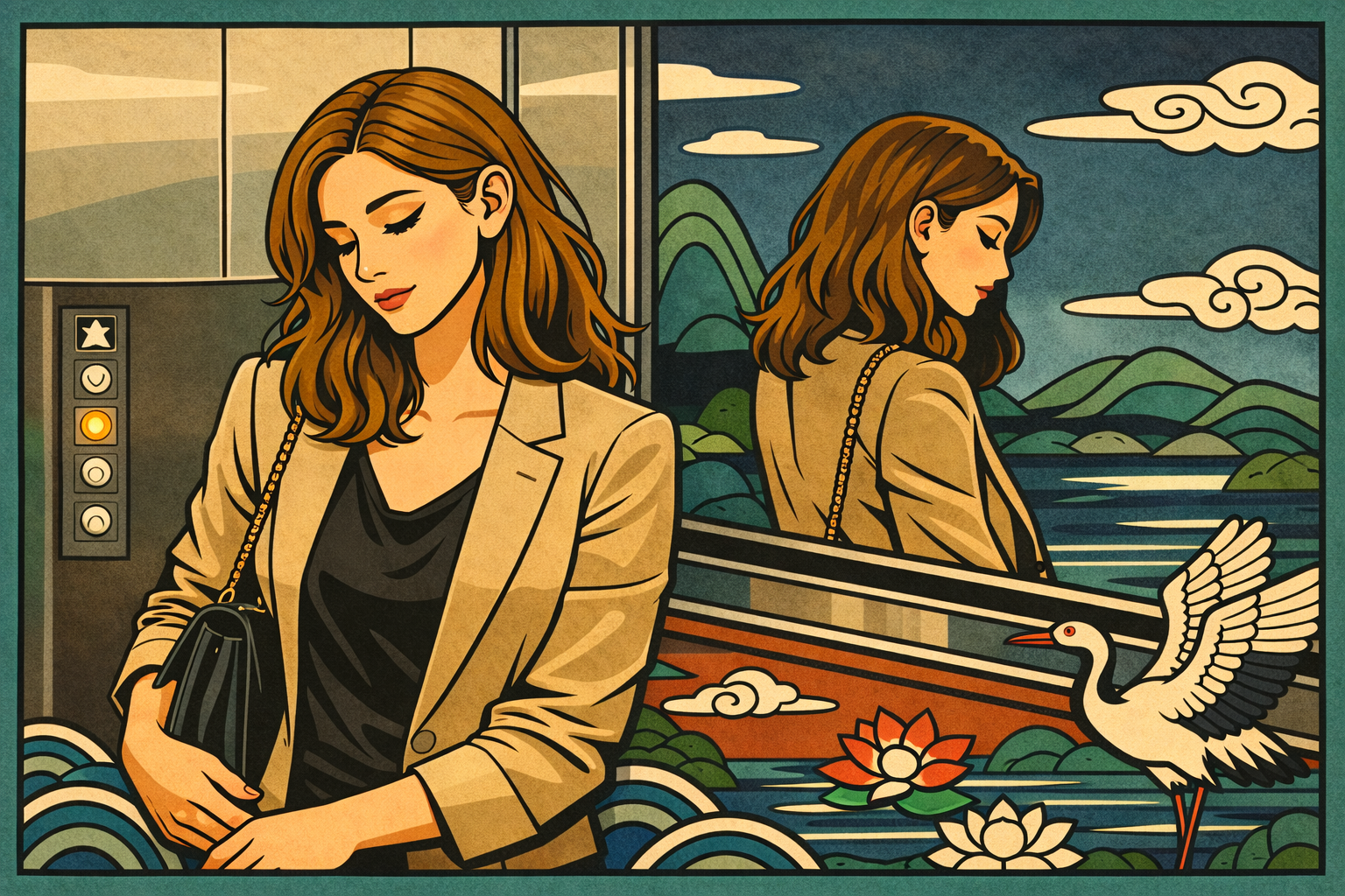 Korean minhwa illustration of woman alone in elevator at night, fear of being seen, traditional Korean patterns in background