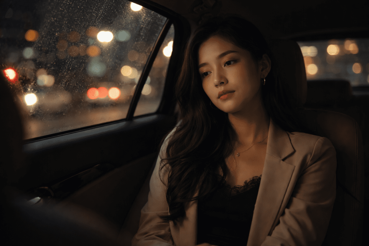 Woman alone in a quiet room after a social evening, reflecting on the inner critical voice